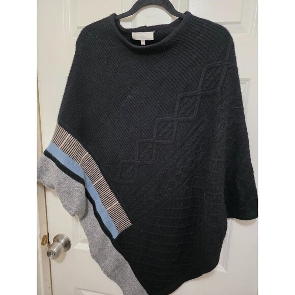 Black Asymmetrical Knit Poncho With Textured Patterns Striped 100% Cashmere - Picture 8 of 12